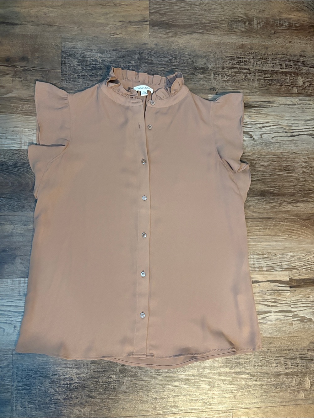 Calvin Klein Light brown Ruffle-Neck Button Blouse